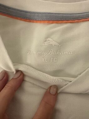 Tommy Bahama White Polo with Gray Neck Trim and Orange Piping